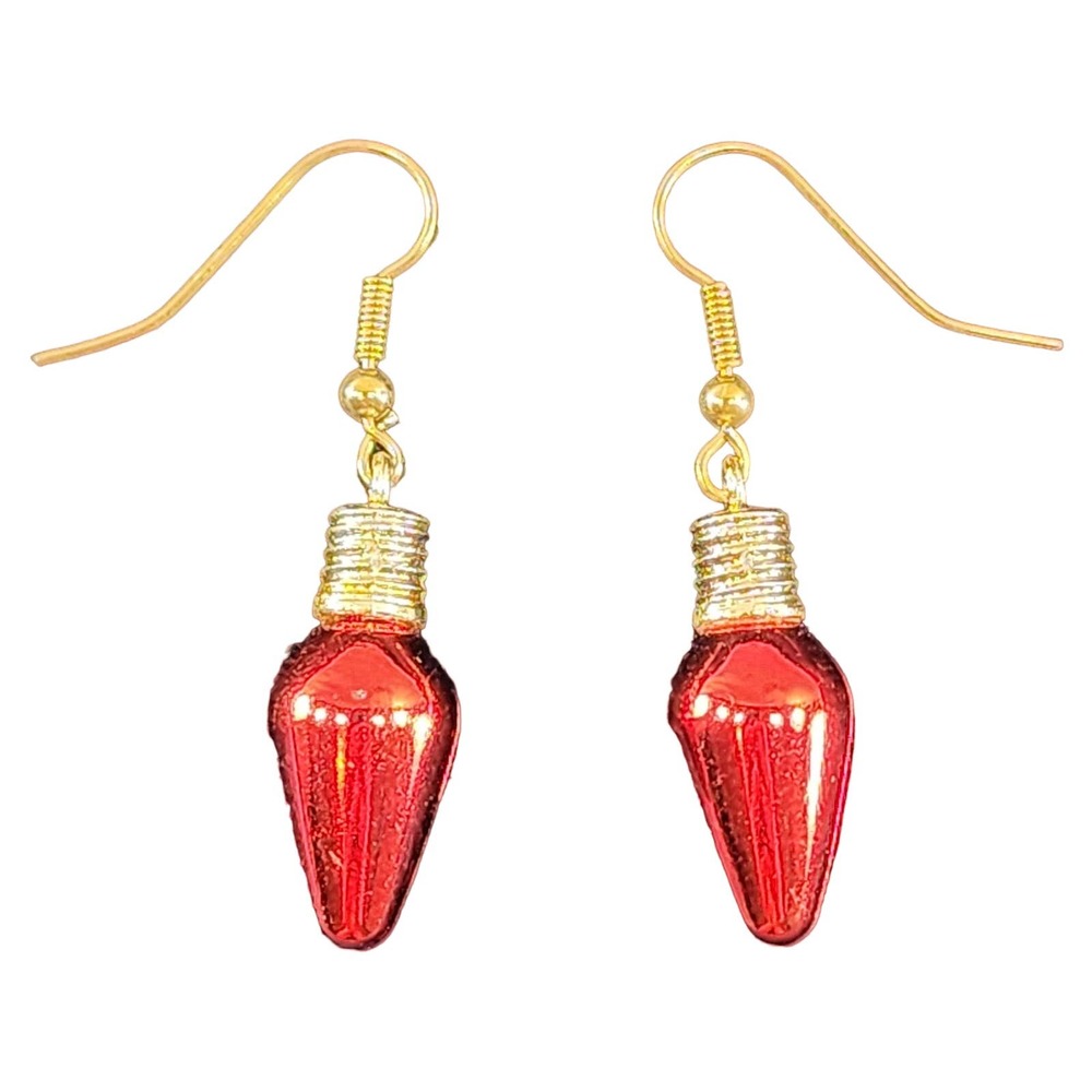Red Christmas Dangle Earrings Holiday Lightbulb Bauble Festive Lightweight Shiny